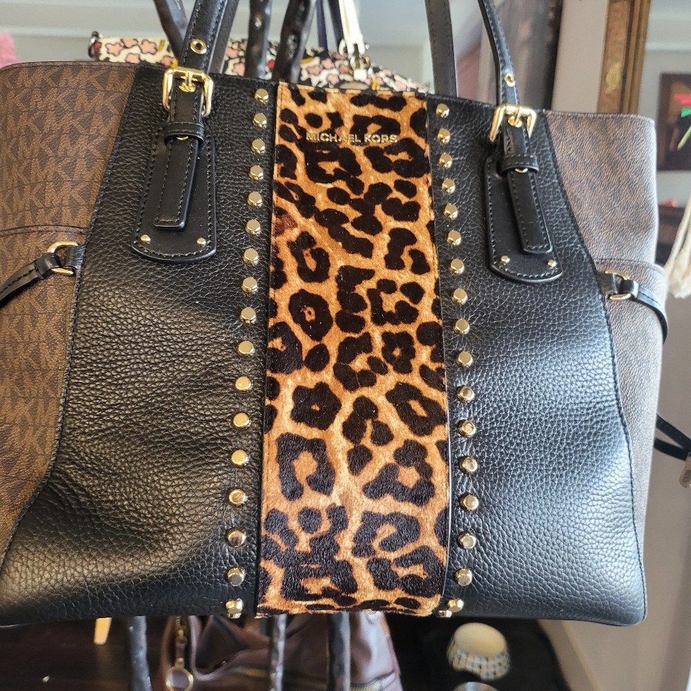 Michael Kors Black and Brown Leopard Tote With Calf Hair